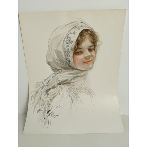 Harrison Fisher Girl in WHITE SCARF 1909 Antique Art Deco Print - Picture 3 of 7